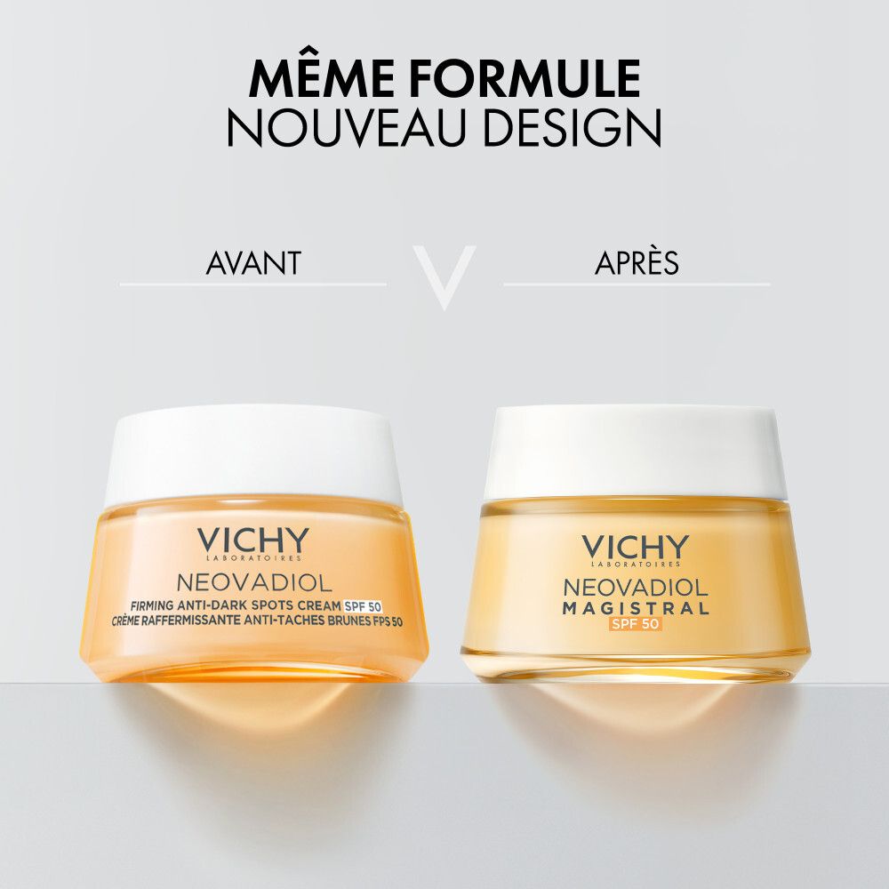 Pot de crème avec couvercle blanc. Texte au dos : Cream SPF 50, adresse. Crème jaunâtre visible.