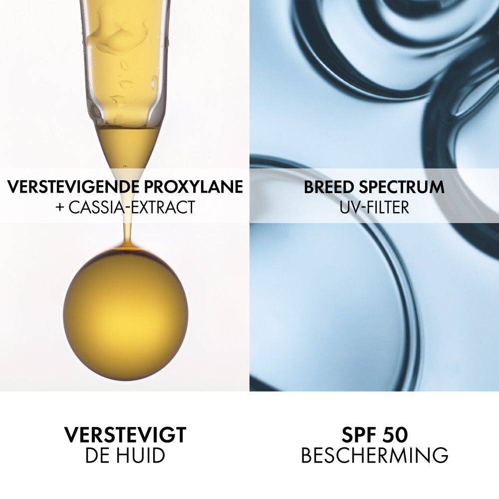 Crèmepot met witte deksel. Tekst achterkant: Cream SPF 50, adres. Geelachtige crème zichtbaar.