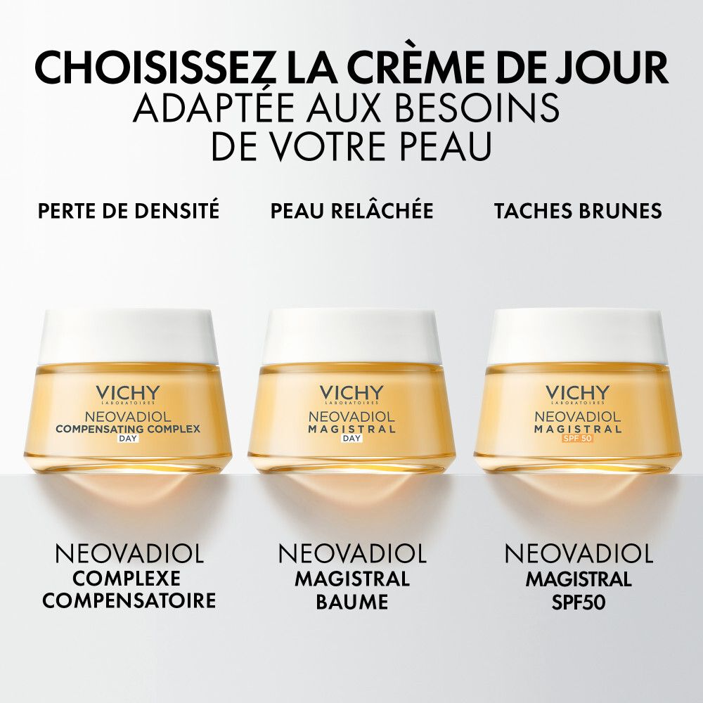 Pot de crème avec couvercle blanc. Inscription : Vichy, Neovadiol Magistral SPF 50. Crème jaunâtre visible.