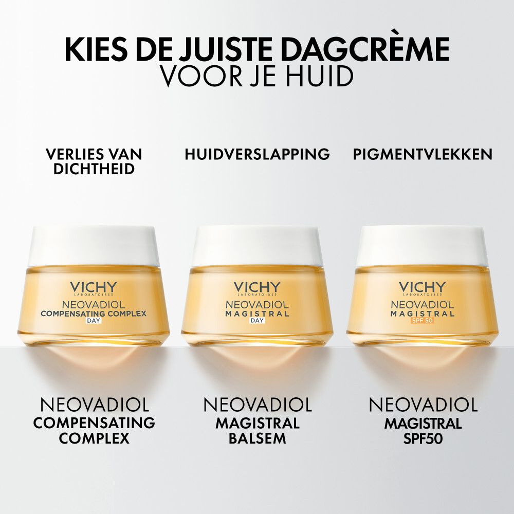 Crèmepot met witte deksel. Opschrift: Vichy, Neovadiol Magistral SPF 50. Geelachtige crème zichtbaar.