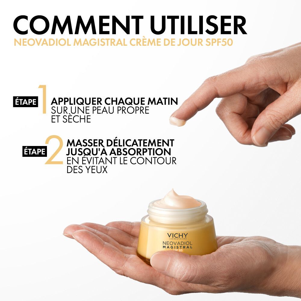 Emballage et pot. Inscription : Vichy, Neovadiol Crème Raffermissante Anti-Taches SPF 50. 50 ml.