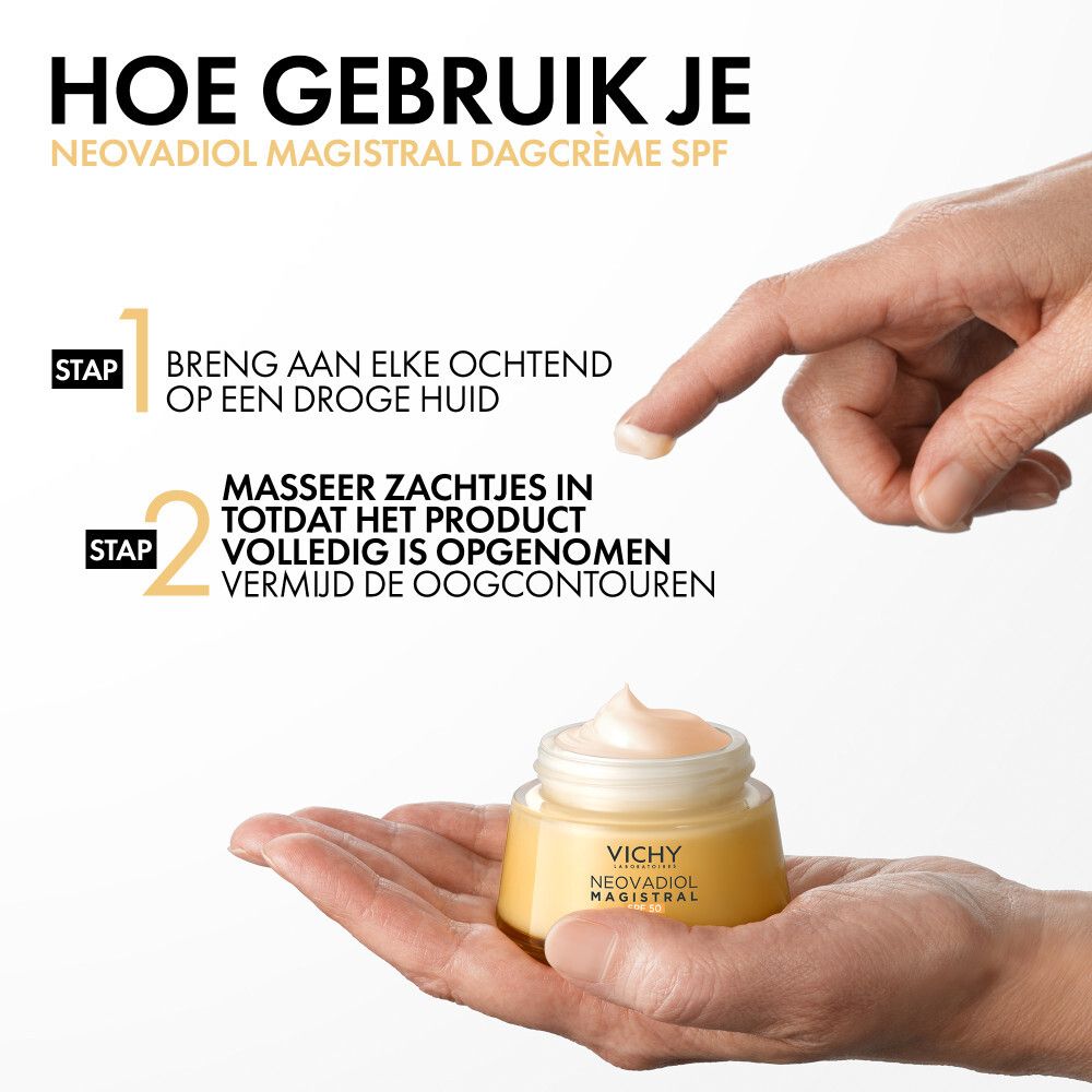 Verpakking en pot. Opschrift: Vichy, Neovadiol Crème Raffermissante Anti-Taches SPF 50. 50 ml.