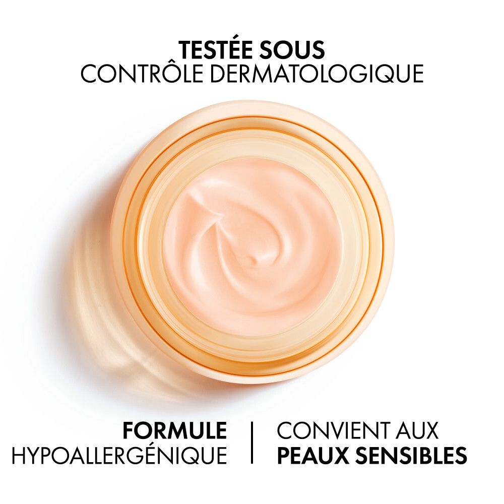 Emballage et pot. Inscription : Vichy, Neovadiol Crème Raffermissante Anti-Taches SPF 50. 50 ml.