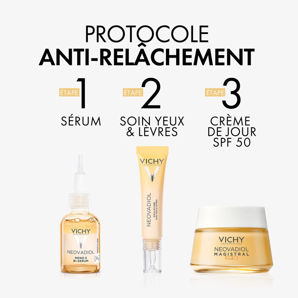 Pot de crème avec couvercle blanc. Inscription : Vichy, Neovadiol Magistral SPF 50. Crème jaunâtre visible.