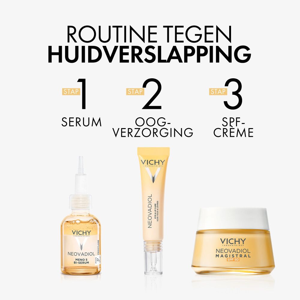 Crèmepot met witte deksel. Opschrift: Vichy, Neovadiol Magistral SPF 50. Geelachtige crème zichtbaar.