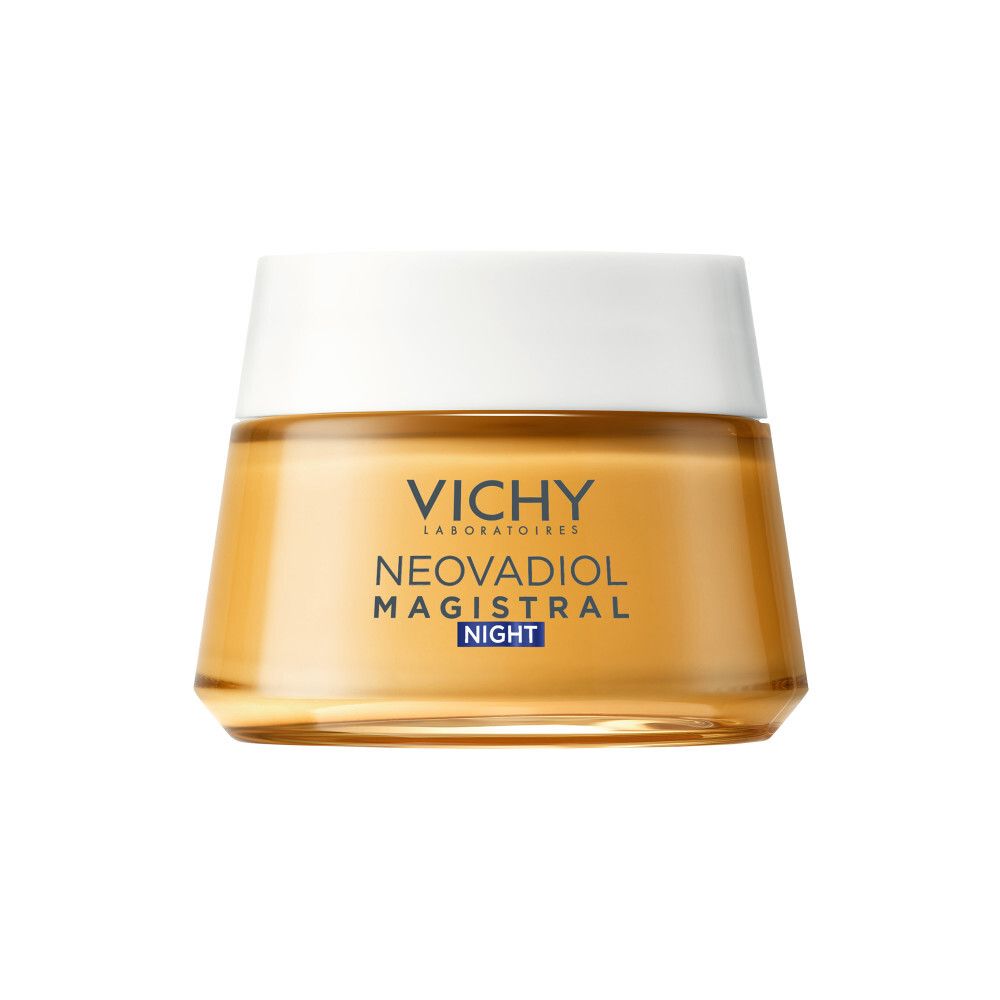 Crèmepot met witte deksel. Opschrift: VICHY, NEODVADIOL MAGISTRAL NIGHT.
