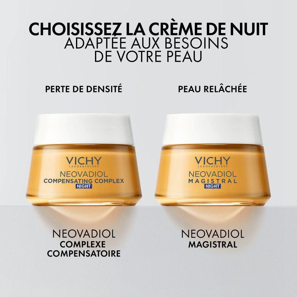 Pot de crème avec couvercle blanc. Inscription : VICHY, NEODVADIOL MAGISTRAL NIGHT.
