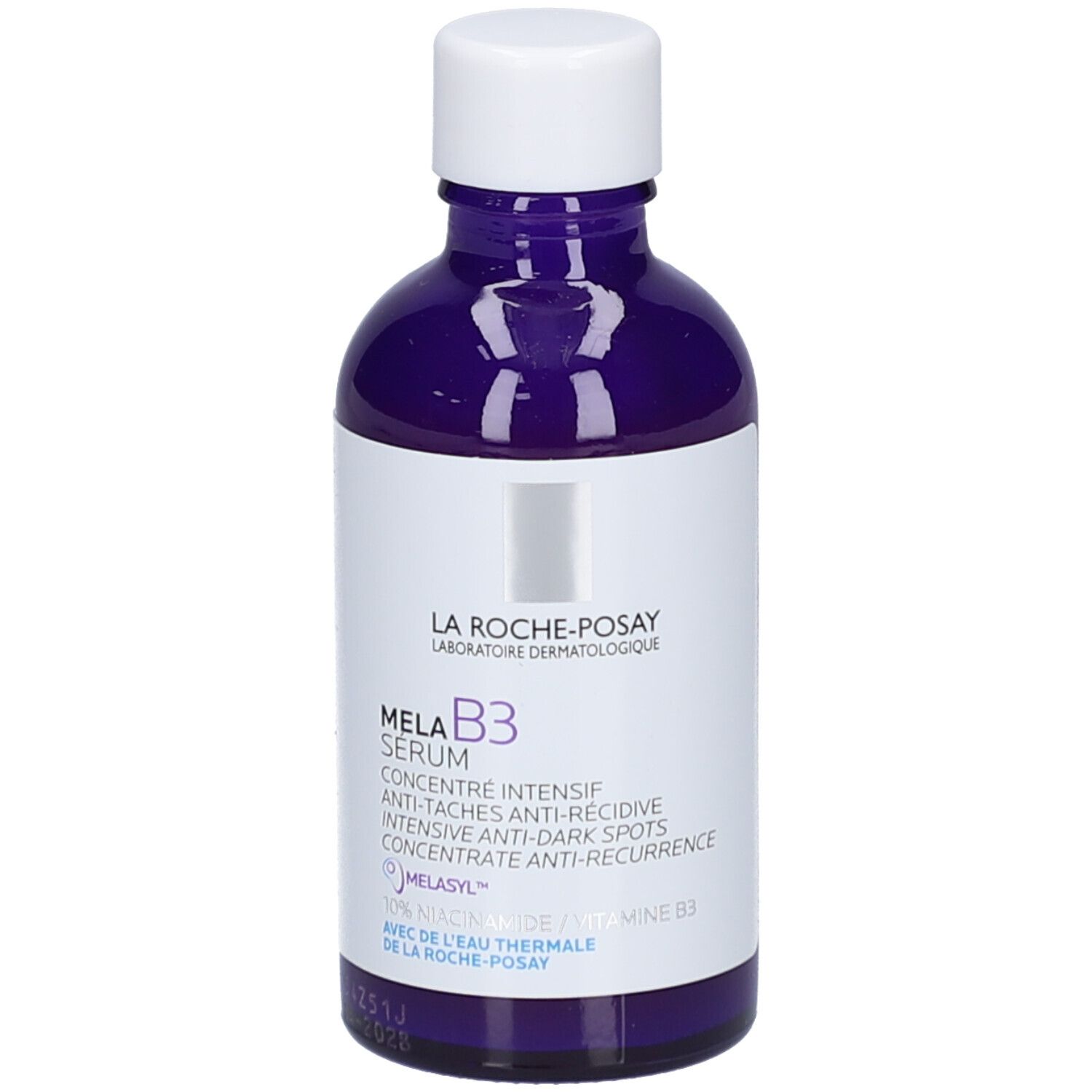 Mela B3 Serum La Roche-Posay. Paarse fles met pipet. Tekst: Anti-vlekken.