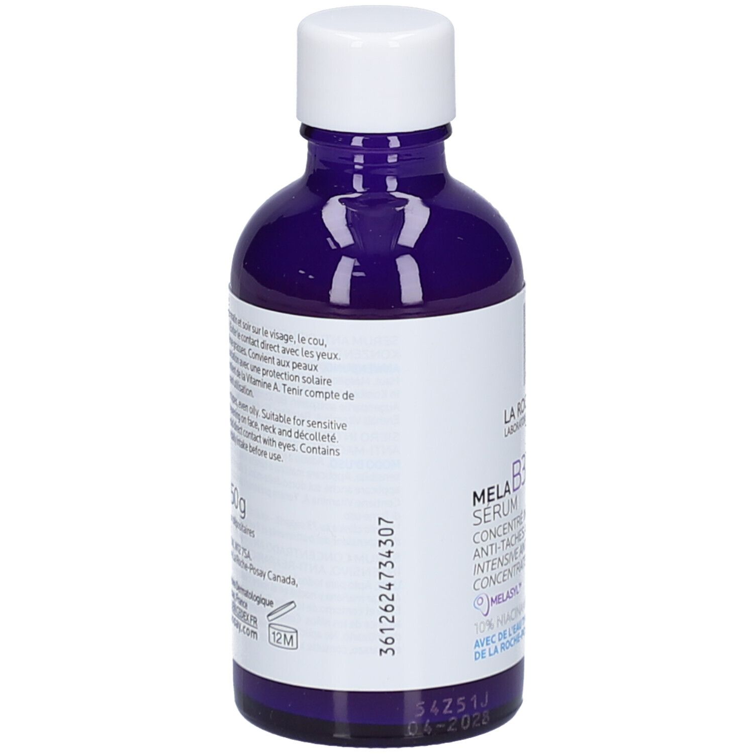 Achterkant fles La Roche-Posay Mela B3 Serum. Tekst en informatie.