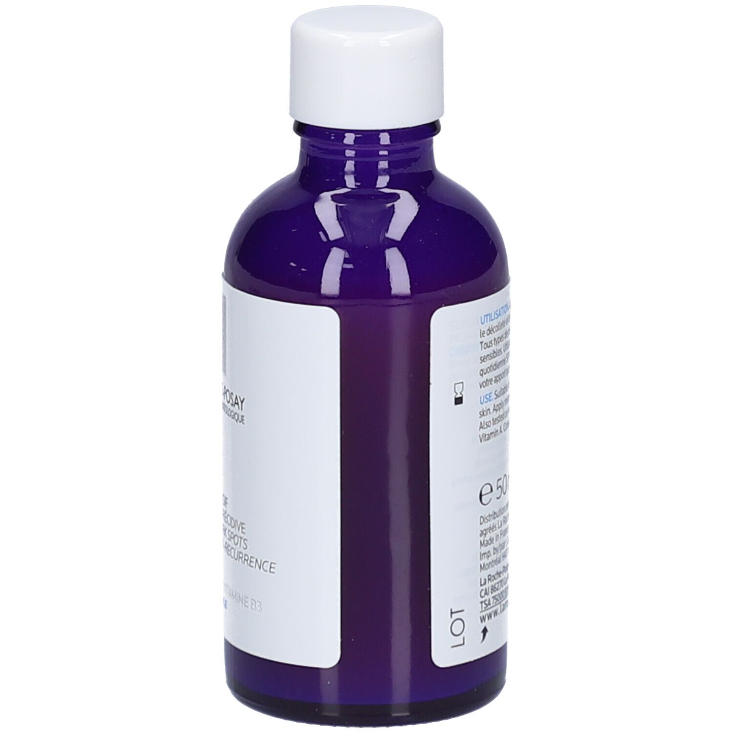 Achterkant fles La Roche-Posay Mela B3 Serum. Tekst en informatie.