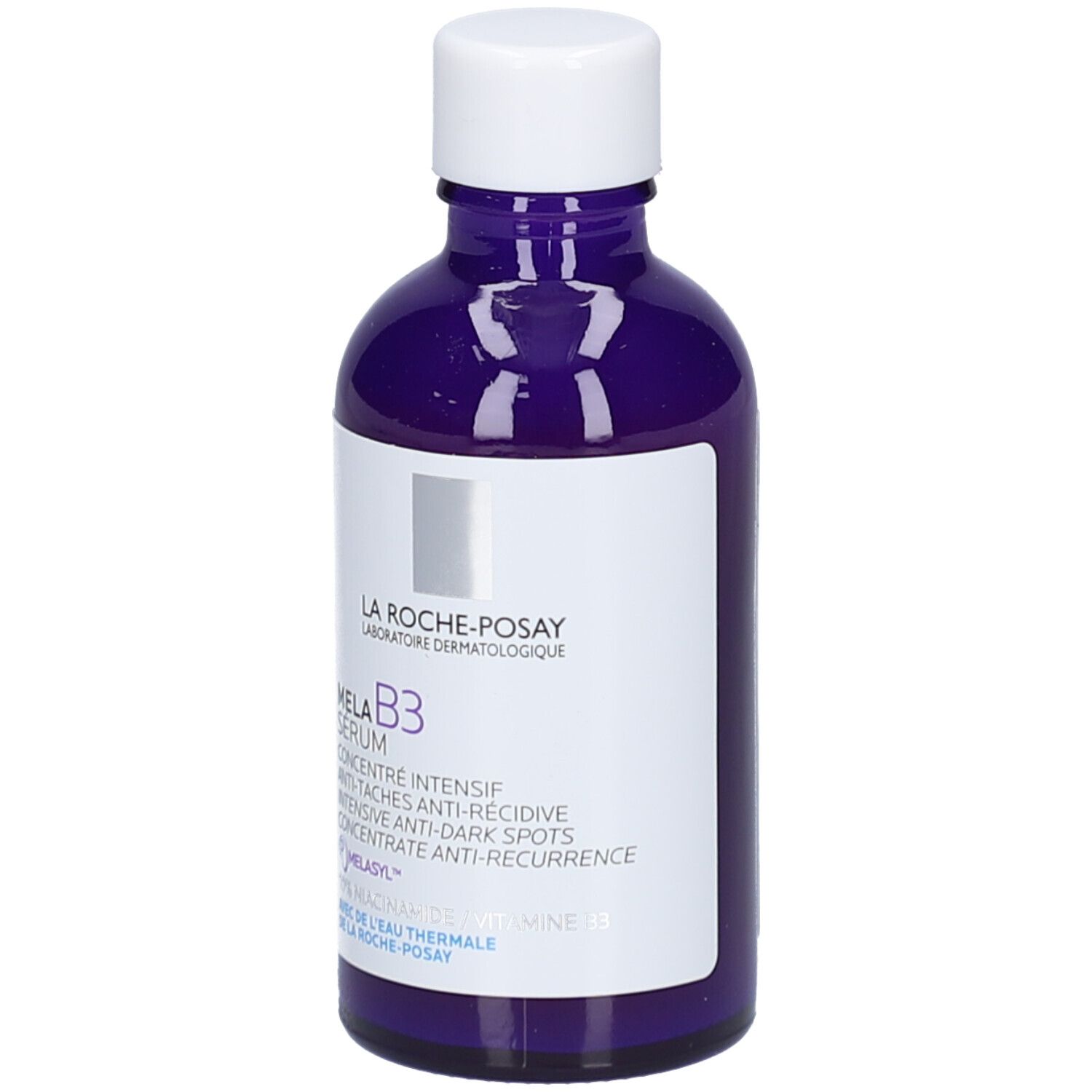 Mela B3 Serum La Roche-Posay. Paarse fles met pipet. Tekst: Anti-vlekken.