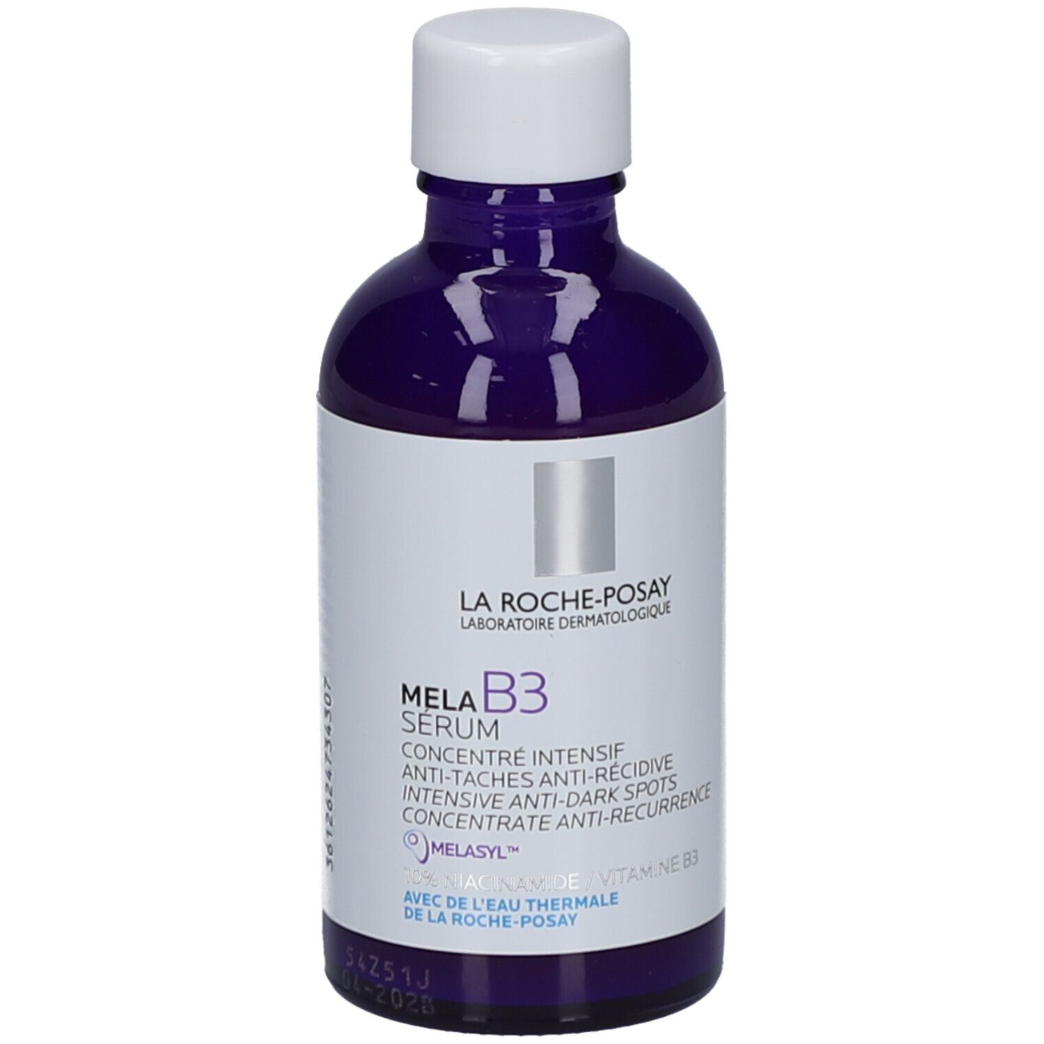 Mela B3 Serum La Roche-Posay. Paarse fles met pipet. Tekst: Anti-vlekken.