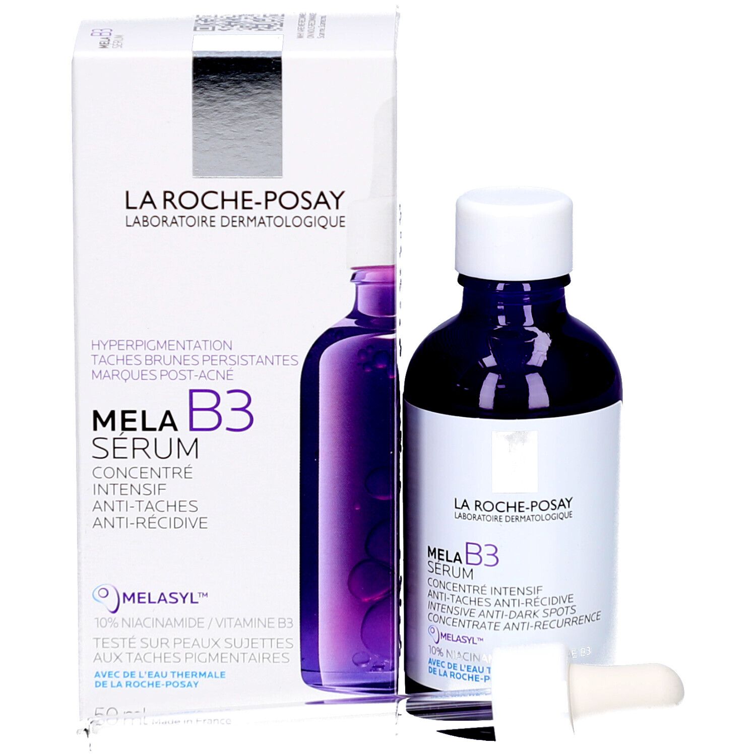 La Roche-Posay Mela B3 Serum in verpakking. Fles en pipet.