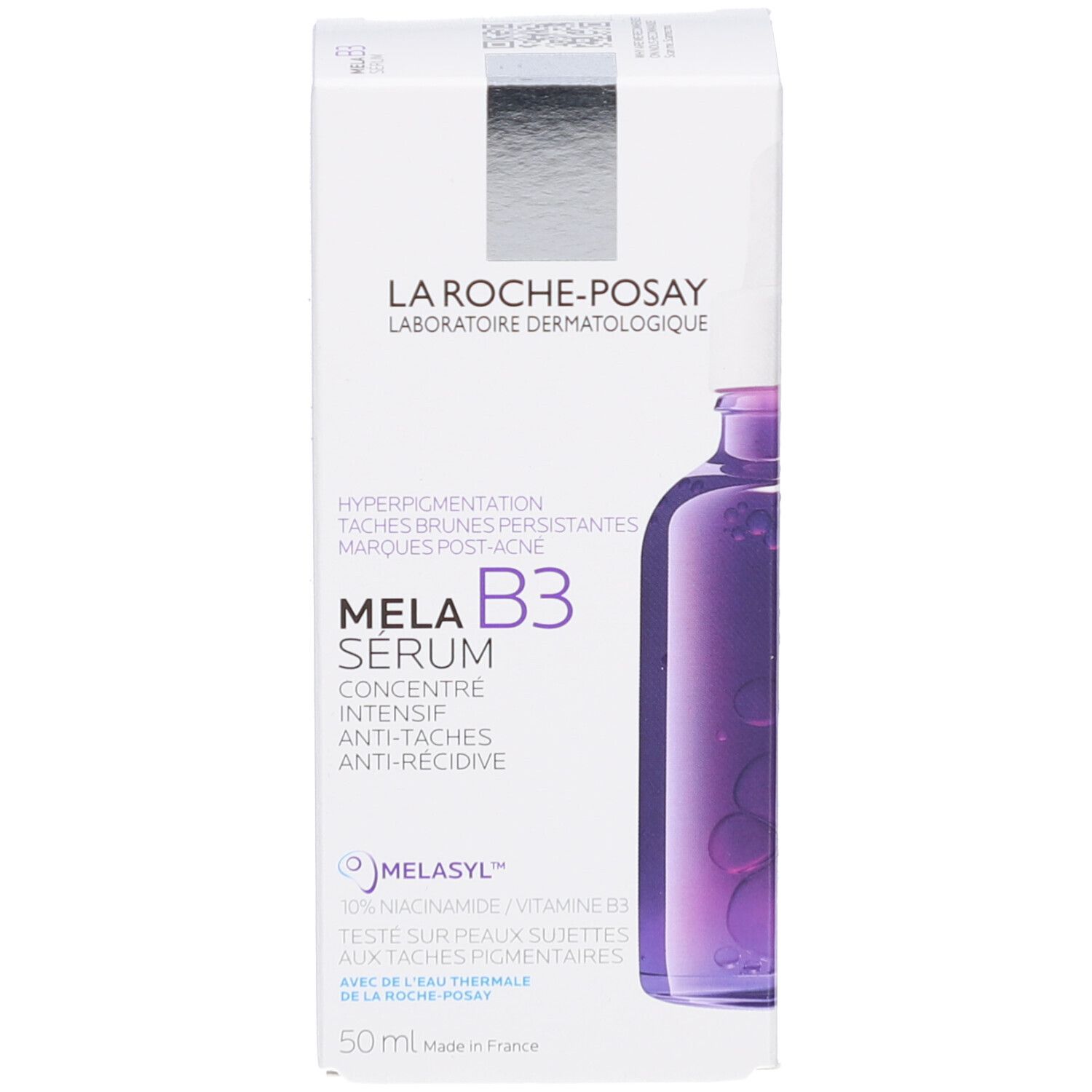 Verpakking La Roche-Posay Mela B3 Serum. Tekst: Anti-vlekken, 50 ml.