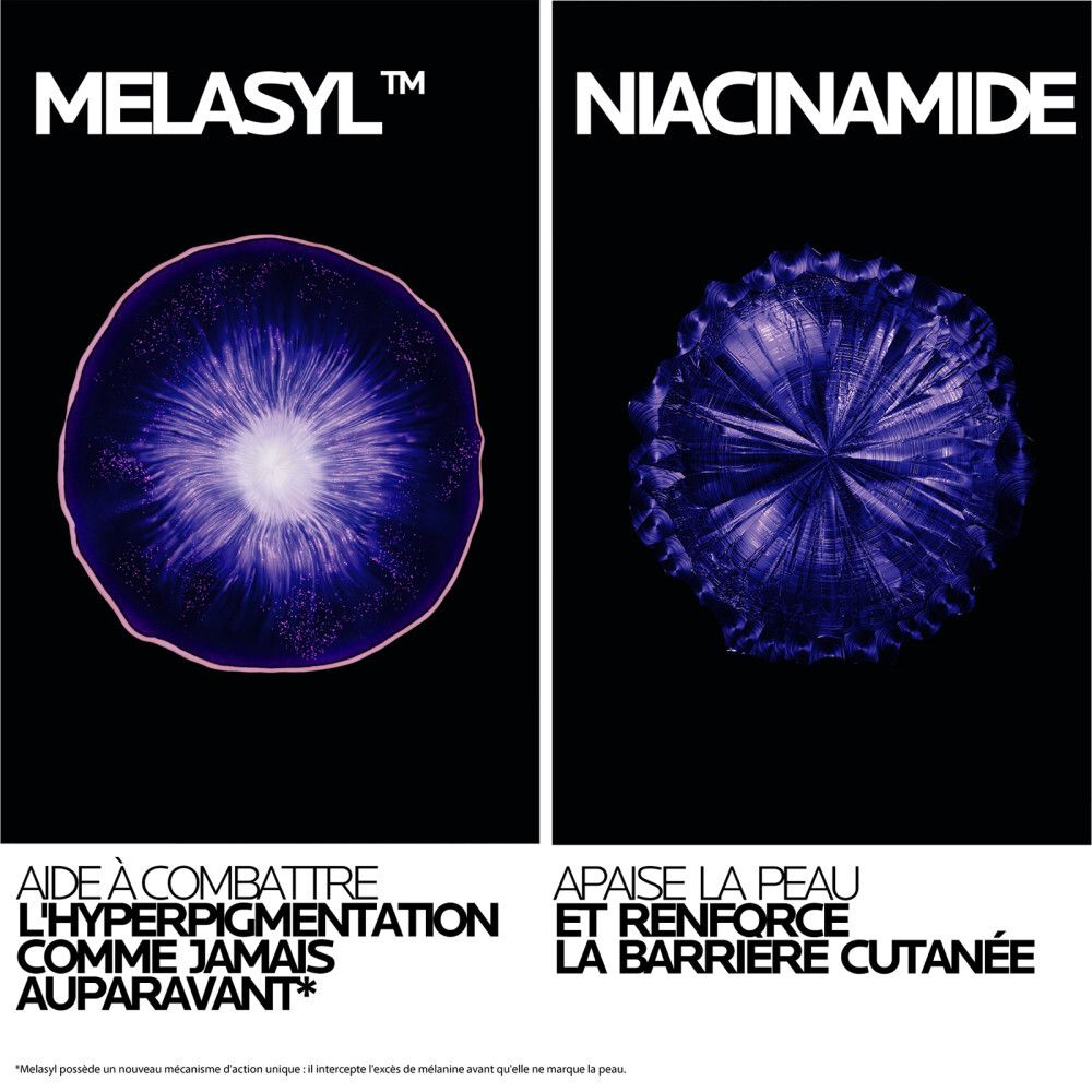 Mela B3 Sérum La Roche-Posay. Flacon violet avec pipette. Gouttes roses en arrière-plan.