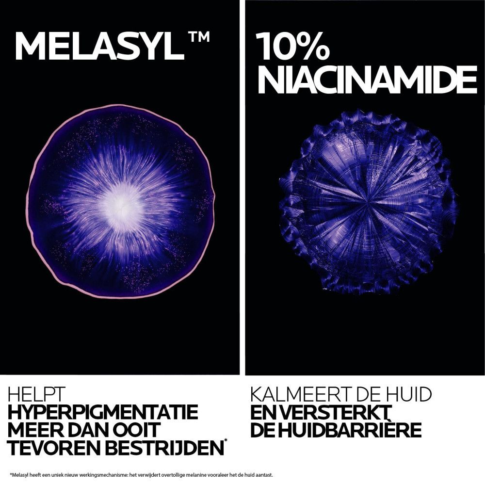 Mela B3 Serum La Roche-Posay. Paarse fles met pipet. Roze druppels op de achtergrond.