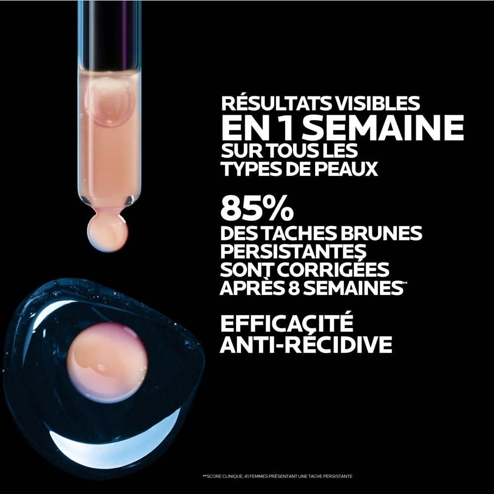 Mela B3 Sérum La Roche-Posay. Flacon violet. Prix Marie Claire. Texte: 85% des taches.