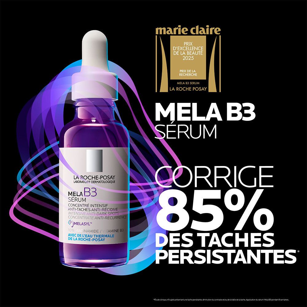 Mela B3 Serum La Roche-Posay. Paarse fles. Marie Claire award. Tekst: 85% van de vlekken.