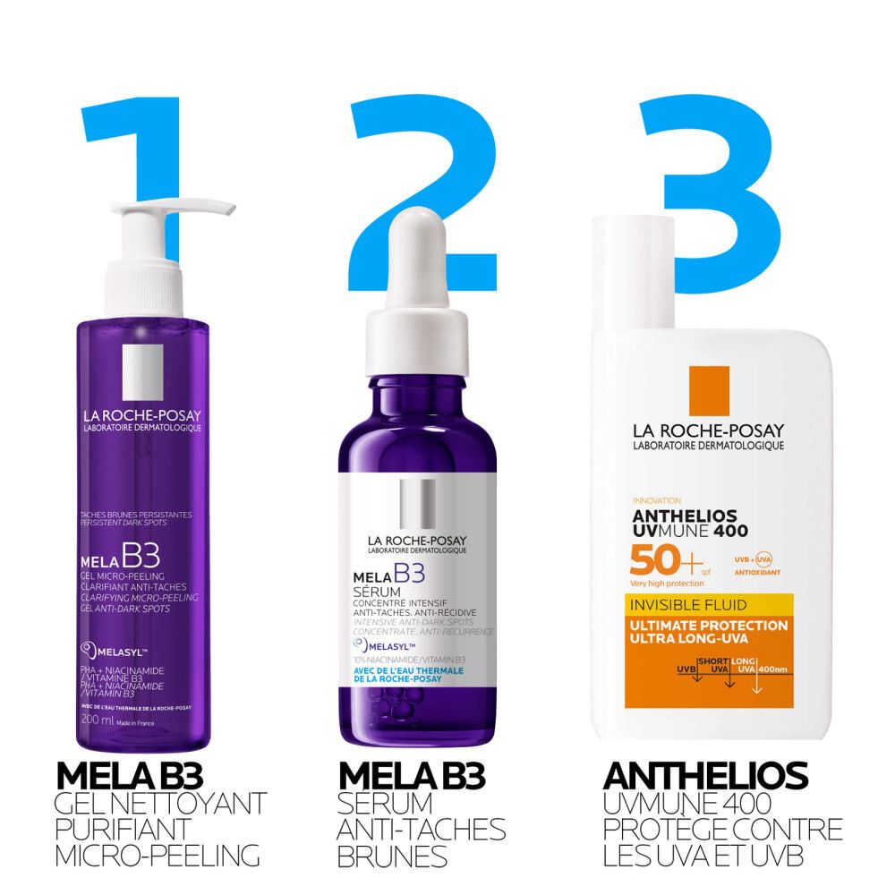 Trois produits: Mela B3 Gel, Mela B3 Sérum, Anthelios UVmune 400. Sur fond violet.