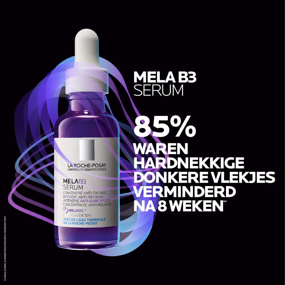 Drie producten: Mela B3 Gel, Mela B3 Serum, Anthelios UVmune 400. Op paarse achtergrond.