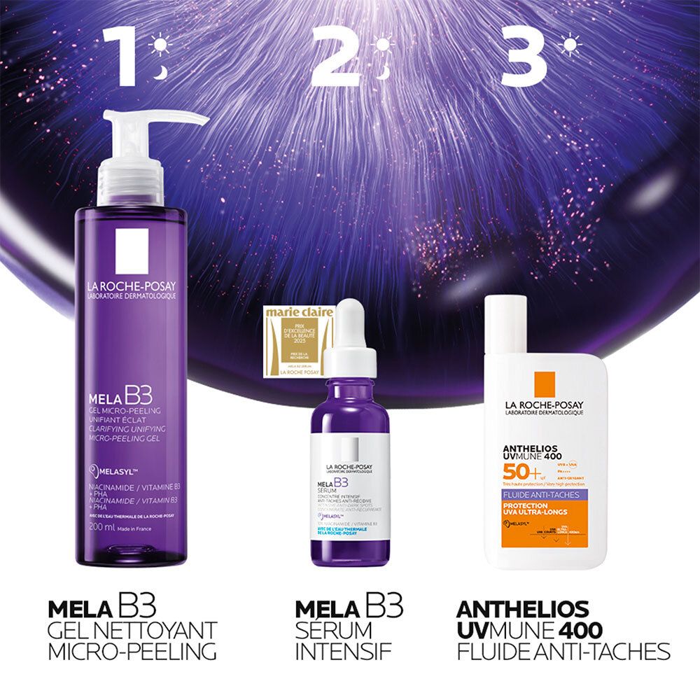 Drie producten: Mela B3 Gel, Mela B3 Serum, Anthelios UVmune 400. Op paarse achtergrond.