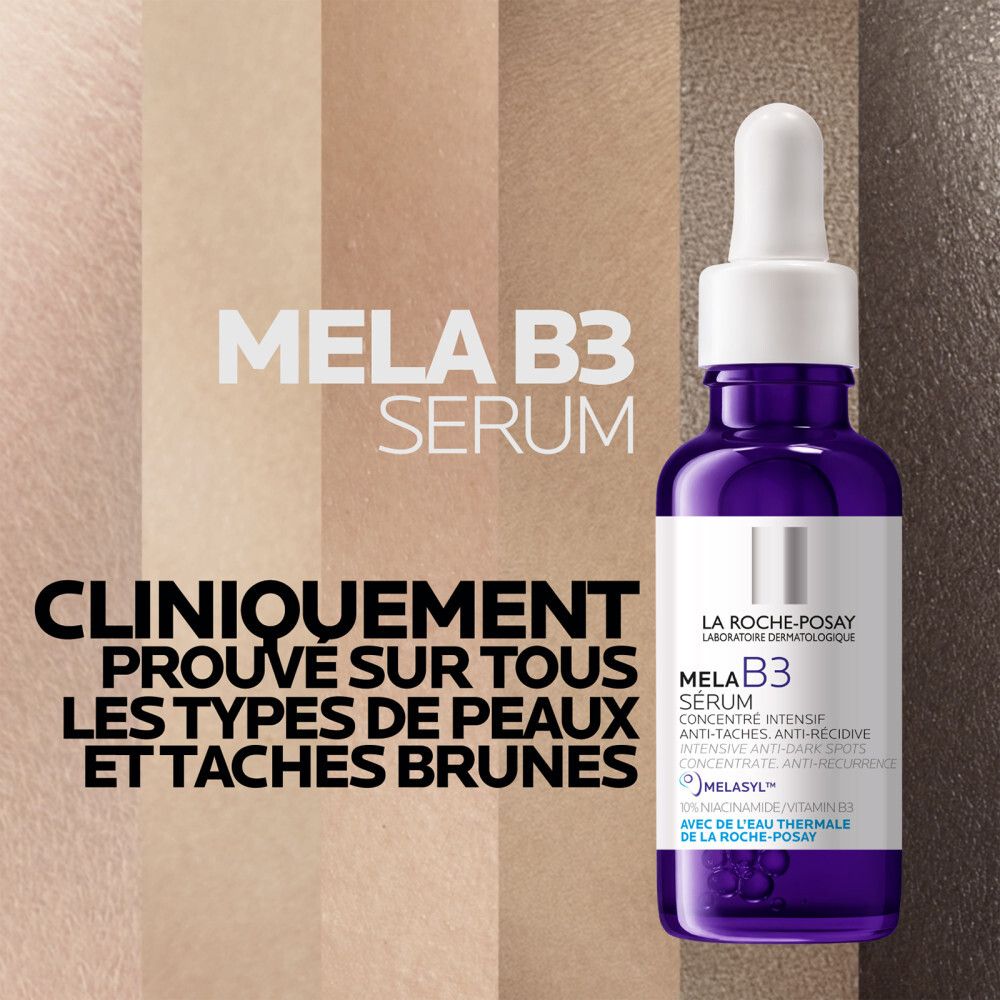 Main pointant vers Mela B3 Sérum. Texte: Appliquer 2-3 gouttes sur visage et cou.