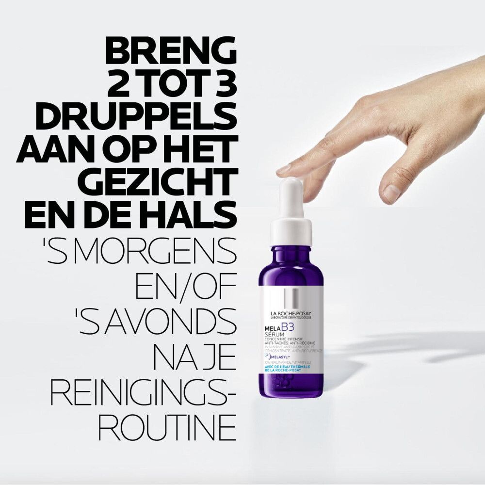 Hand wijst naar Mela B3 Serum. Tekst: 2-3 druppels aanbrengen op gezicht en hals.