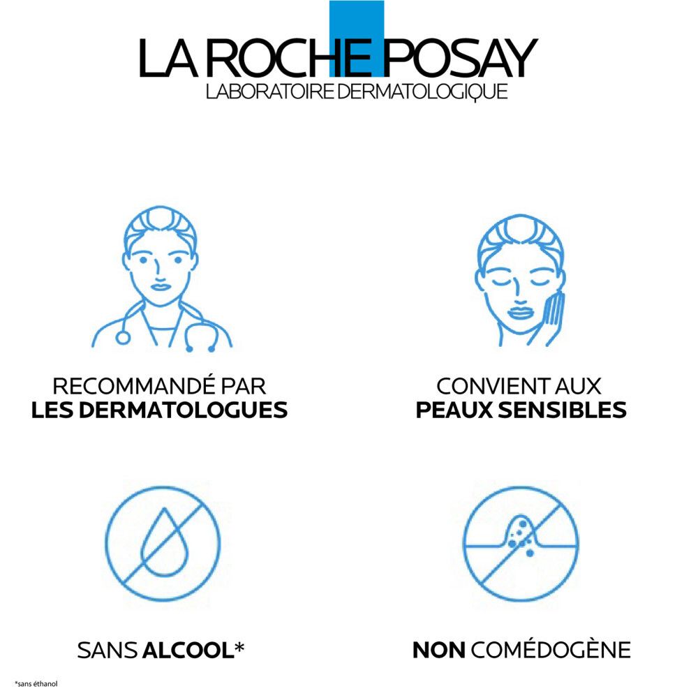 Mela B3 Sérum La Roche-Posay. Flacon violet avec pipette. Gouttes roses en arrière-plan.