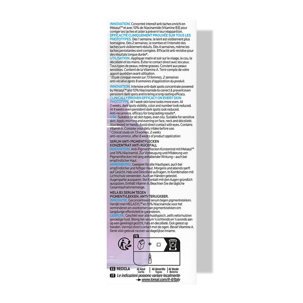Achterkant verpakking La Roche-Posay Mela B3 Serum. Meertalige tekst.