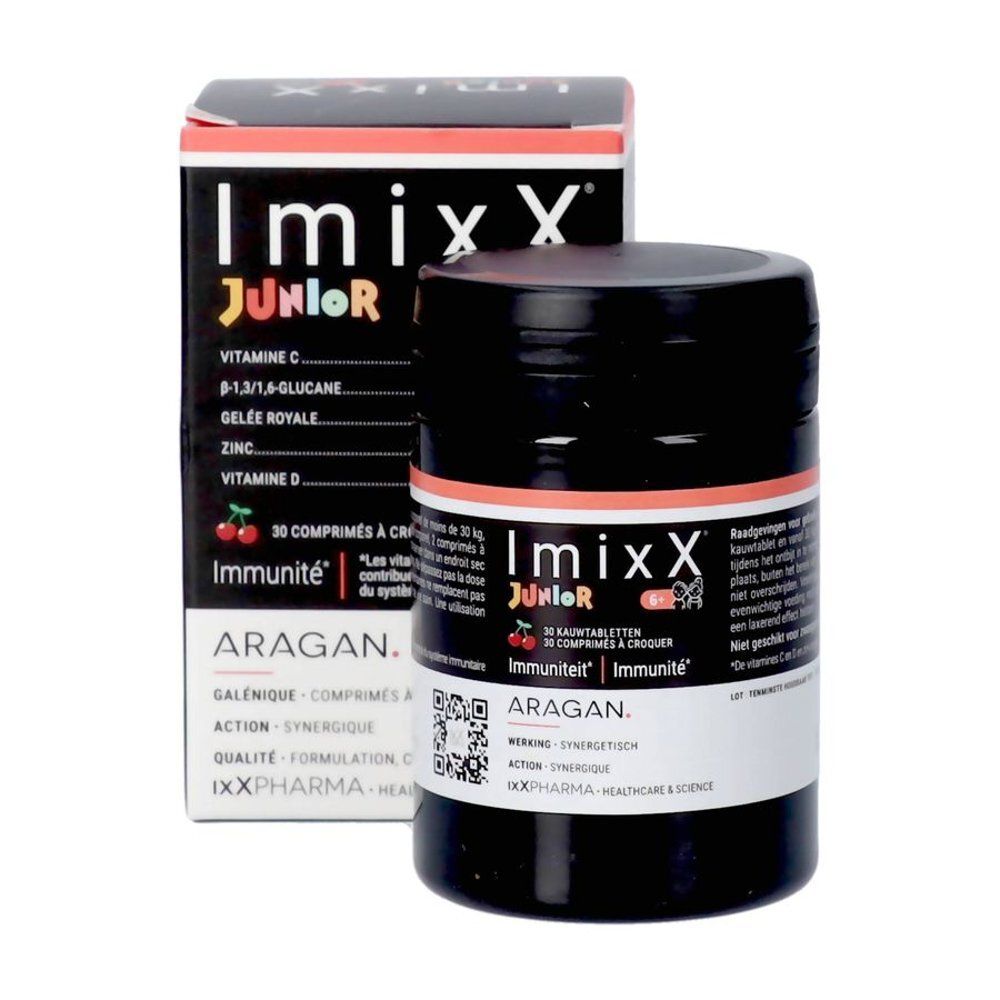 Zwarte pot en doos Imixx Junior. Bevat vitamine C, D, zink en koninginnengelei. 30 tabletten.