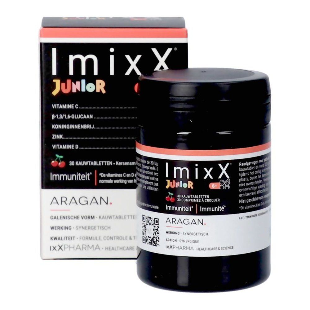 Zwarte pot en doos Imixx Junior. Bevat vitamine C, D, zink en koninginnengelei. 30 tabletten.