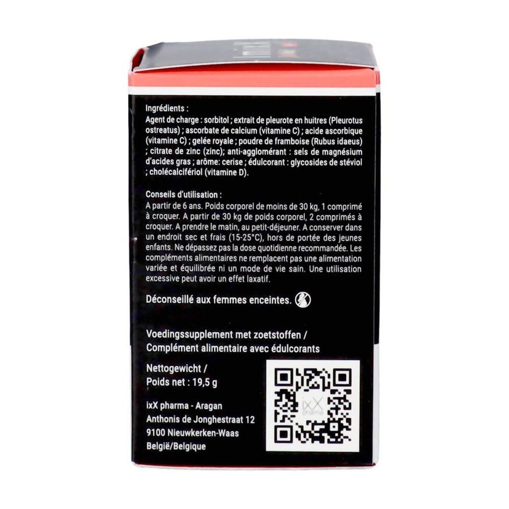Achterkant van de doos met ingrediëntenlijst en gebruiksaanwijzing. Bevat sorbitol, vitamine C, zink, etc. Nettogewicht 19,5 g.