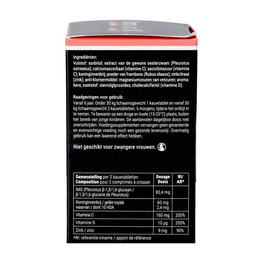 Dos de la boîte avec informations nutritionnelles. Contient vitamine C, D, zinc et autres ingrédients. Dosage pour 2 comprimés.
