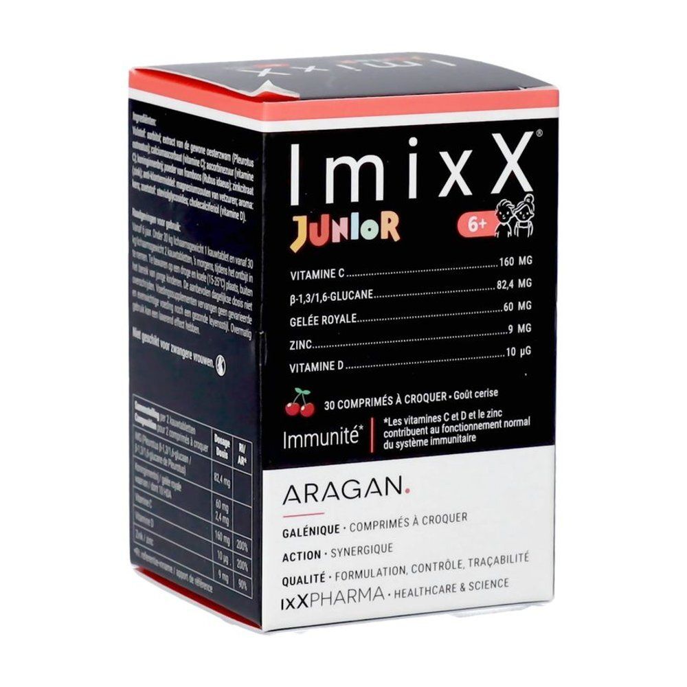 Boîte Imixx Junior. Contient vitamine C, D, zinc et gelée royale. 30 comprimés à croquer. Avec l'inscription 6+.