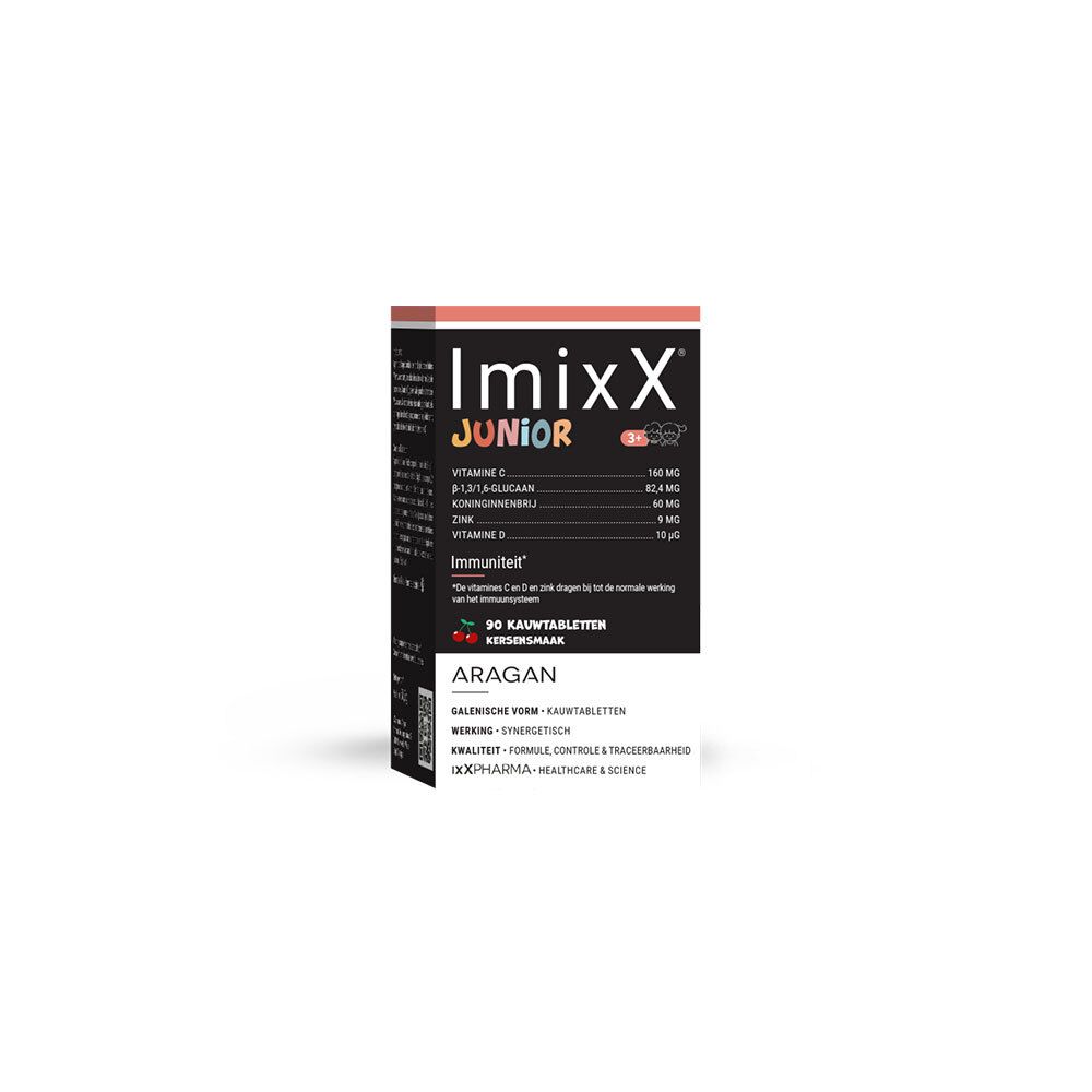 Imixx Junior verpakking. Ingrediënten: Vitamines C, D, Zink. 90 kauwtabletten. Immuniteit.