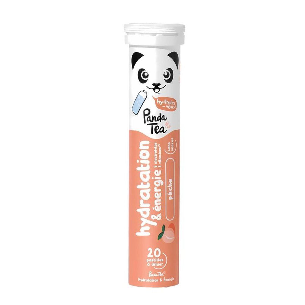 Cilindervormige verpakking met Panda-logo en tekst. Bevat 20 bruistabletten. Opschrift: Hydratatie & Energie, Perzik.