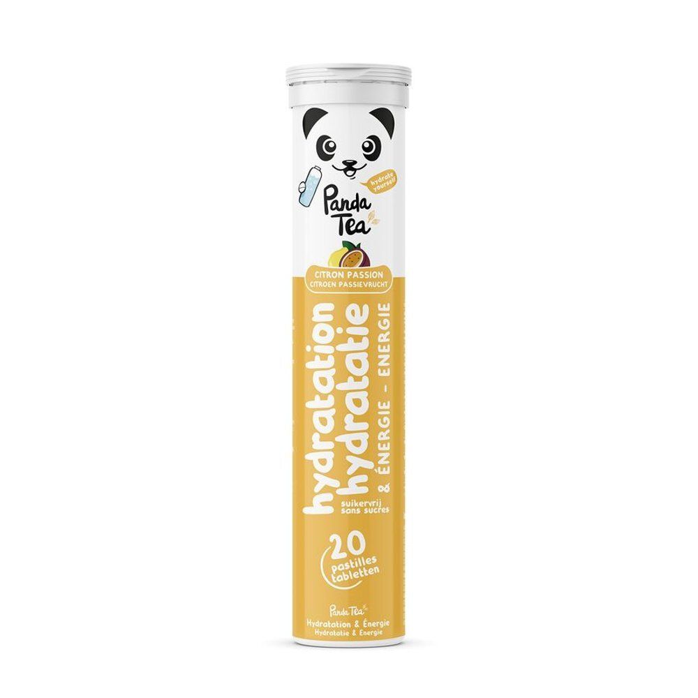 Tube Panda Tea Hydratation Citron/Fruit de la passion. Contient 20 comprimés. Jaune et blanc. Logo Panda.
