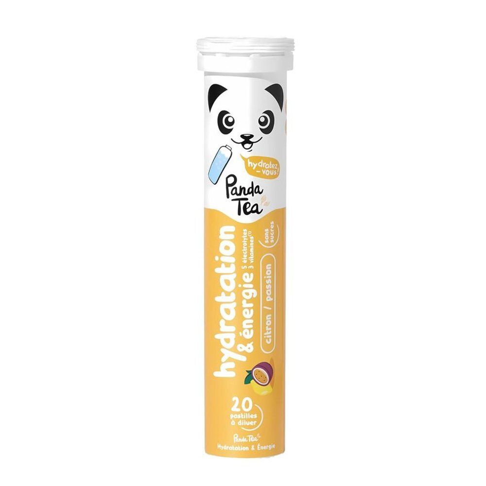 Tube Panda Tea Hydratation & Energie. Contient 20 comprimés. Jaune et blanc. Logo Panda.