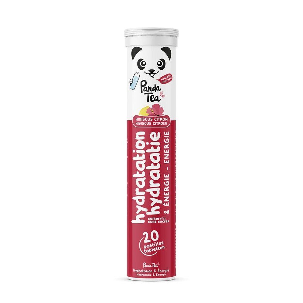 Tube cylindrique avec logo Panda et nom du produit. Contient 20 comprimés effervescents. Inscription : Hydratation Energie.