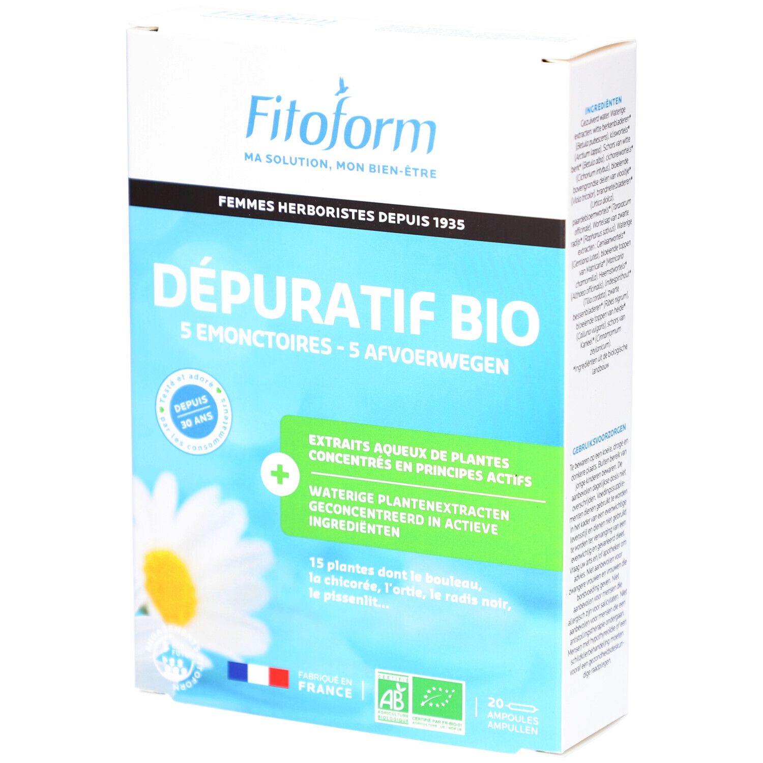 Boîte en carton Fitoform DÉPURATIF BIO, 20 ampoules. Contient drapeau français et label bio. Texte en français et néerlandais.