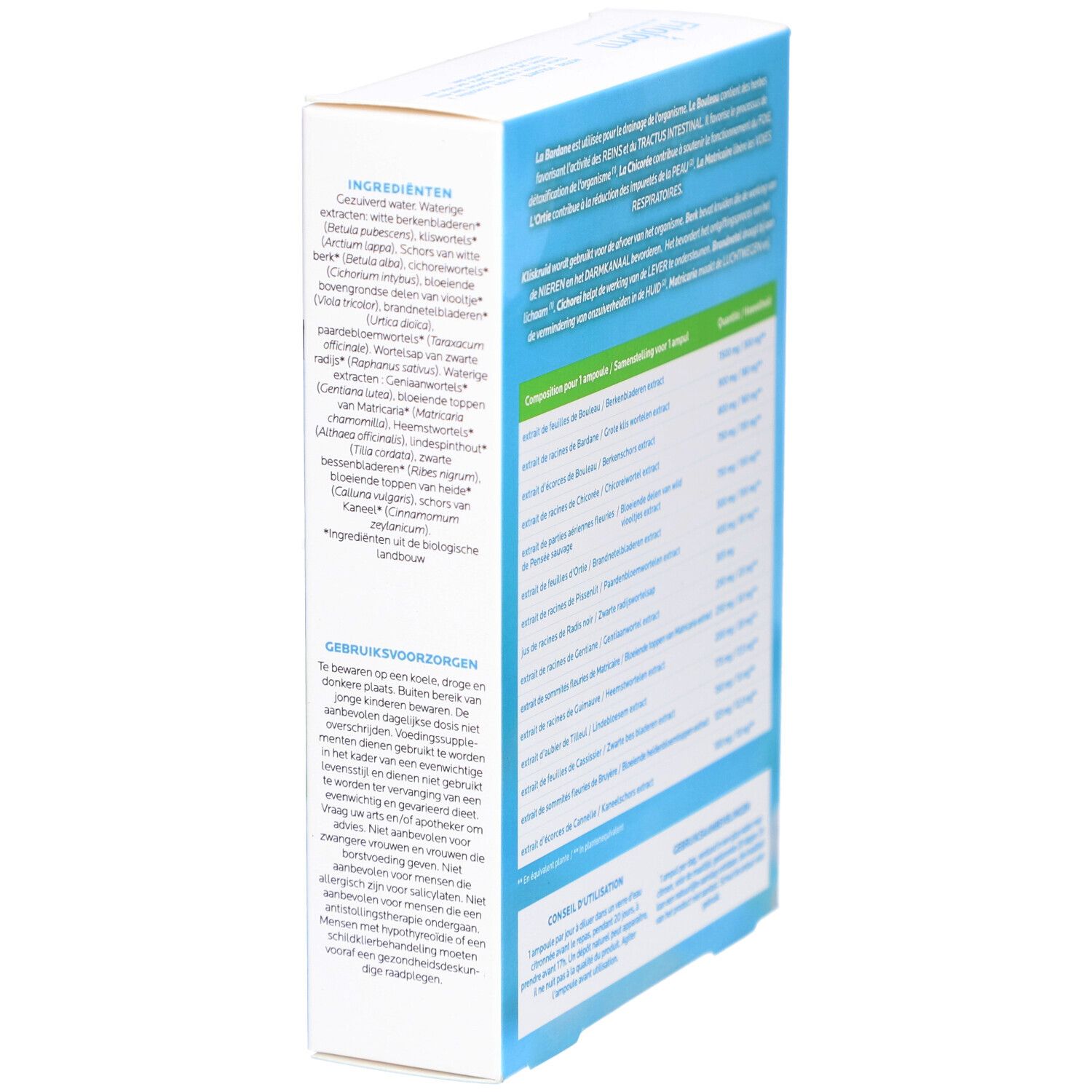 Boîte en carton inclinée. Texte: ingrédients, instructions d'utilisation. Textes français et néerlandais.