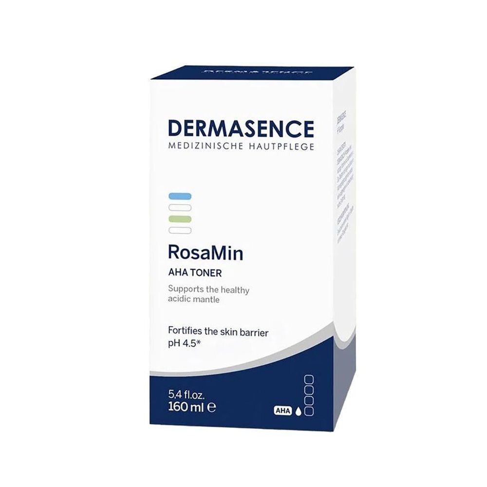 Witte verpakking met blauwe curve. Opschrift: Dermasence, RosaMin AHA Toner. 5,4 fl.oz. 160 ml.