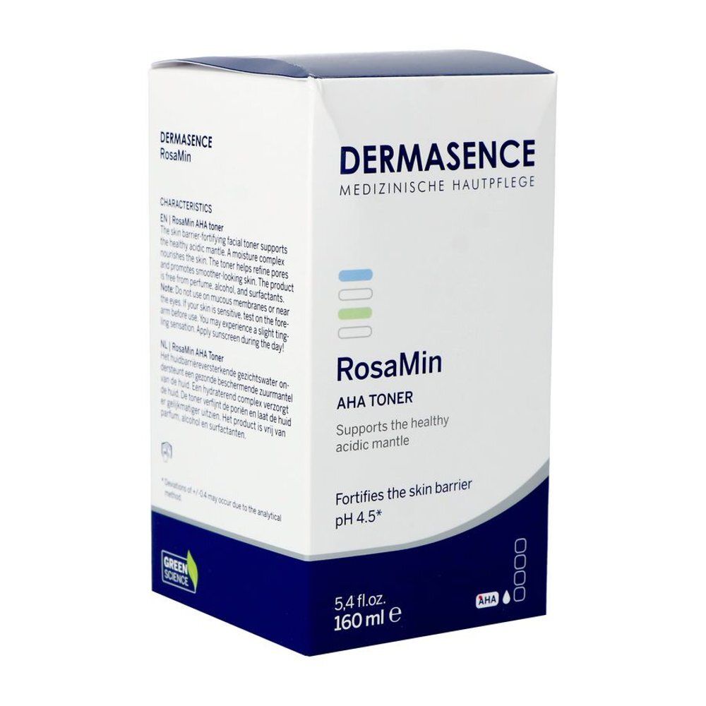 Verpakking met productinformatie. Opschrift: Dermasence, RosaMin AHA Toner. 5,4 fl.oz. 160 ml. Groen logo.