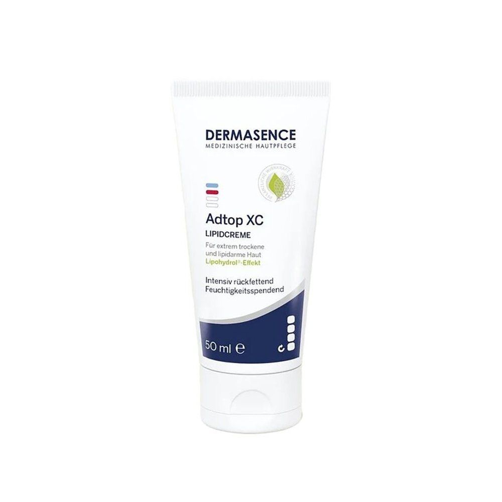 Witte tube met blauwe en groene tekst. Opschrift: Dermasence Adtop XC Lipidcreme. 50 ml.