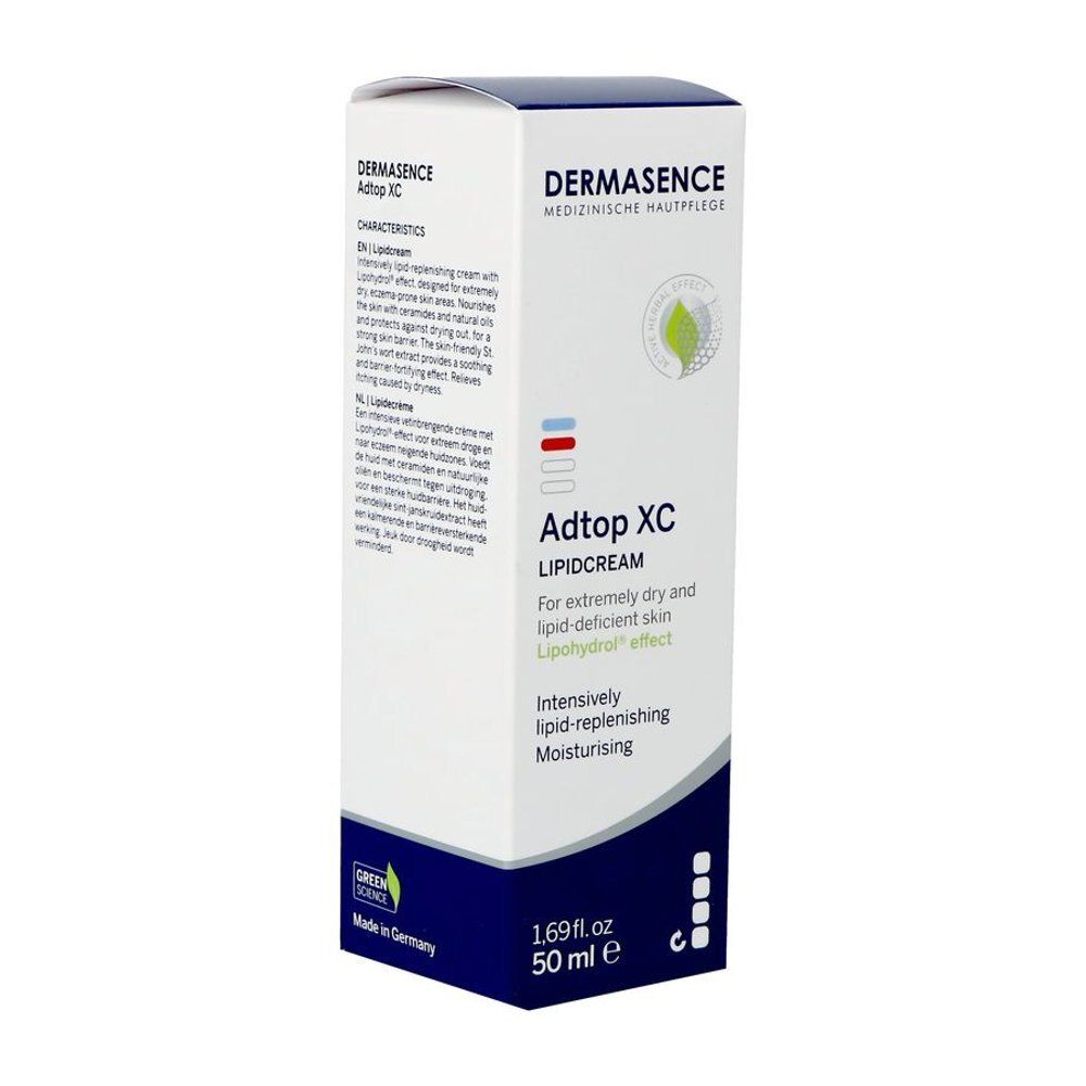 Witte doos met blauwe en groene tekst. Opschrift: Dermasence Adtop XC Lipidcream. 50 ml. Groen zegel.