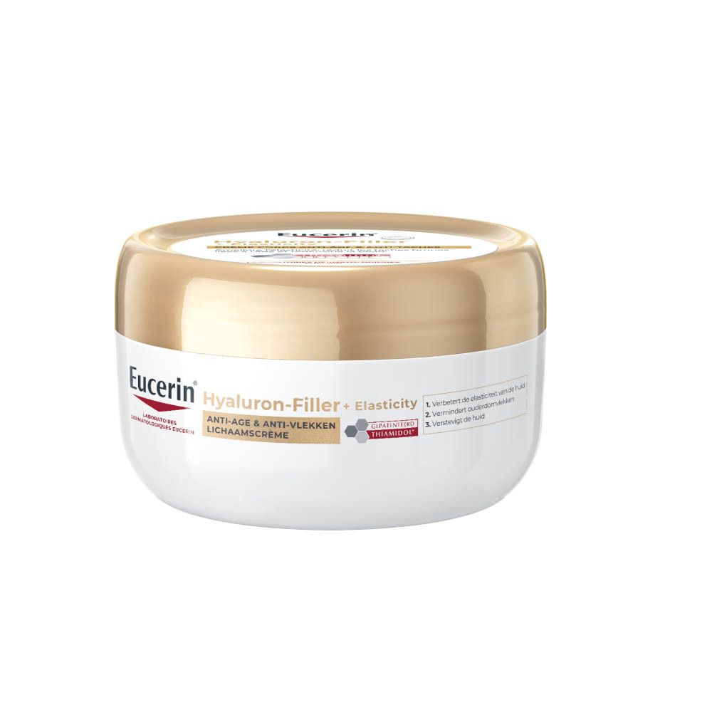 Crèmepot met gouden deksel. Opschrift: Eucerin Hyaluron-Filler + Elasticity. Crème voor het lichaam.