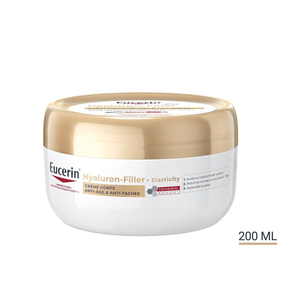 Pot de crème avec couvercle doré. Inscription : Eucerin Hyaluron-Filler + Elasticity. Crème pour le corps. 200ml.