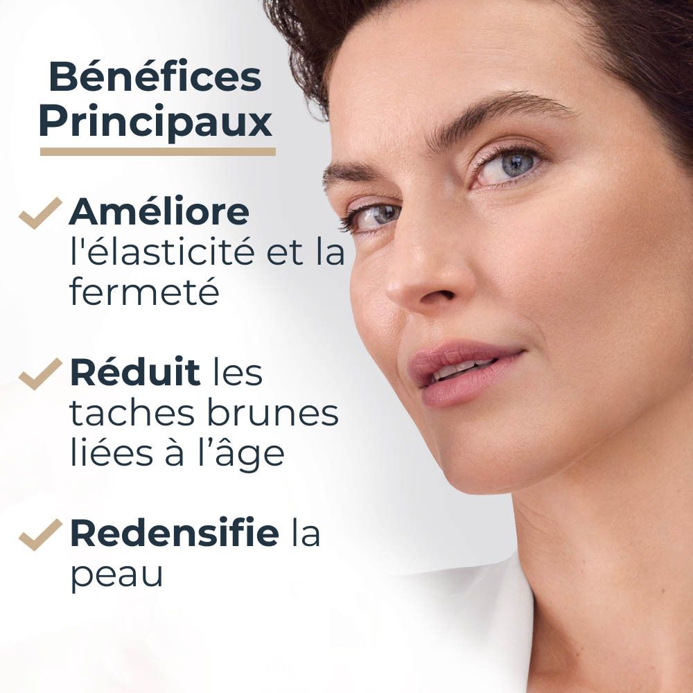 Femme avec visage. Texte : Avantages : élasticité, réduction des taches, densité de la peau.