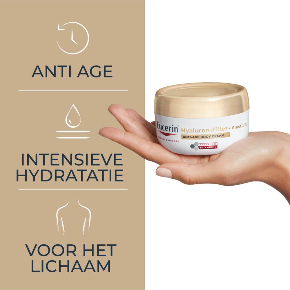 Hand houdt crèmepot vast. Tekst: Anti-age, intensieve hydratatie, voor het lichaam.