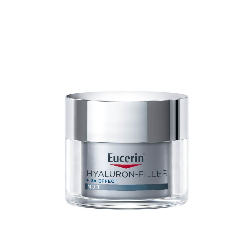 Pot de crème Eucerin Hyaluron-Filler + 3x Effect. Couvercle argenté. Crème de nuit.